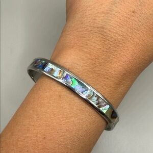 Vintage Silver Tone Abalone Shell Bangle Cuff Statement Bracelet